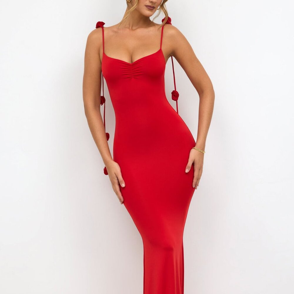 Oh Polly Aldona Slinky Jersey Rose Detail Evening Gown in Scarlet Red